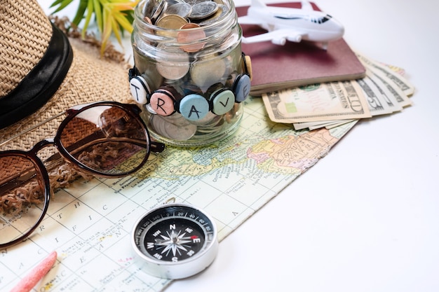 Close up of travel accessories  on white color surface, travel concept. Flat lay , copy space