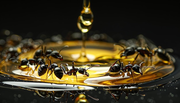 a close up of a tray of bees drinking from a glass