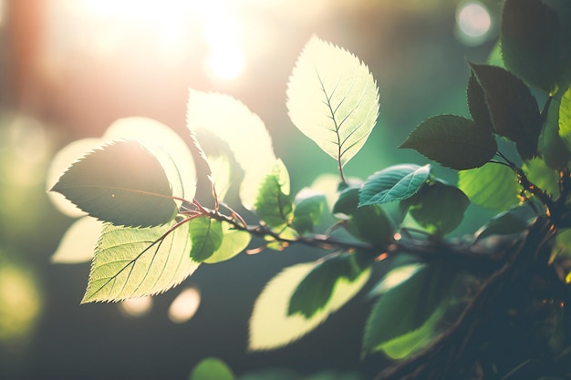 A close up of a tree branch with leaves and the sun shining through the leaves.