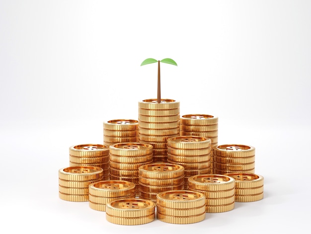 Close-up of tree plant and coin stacks