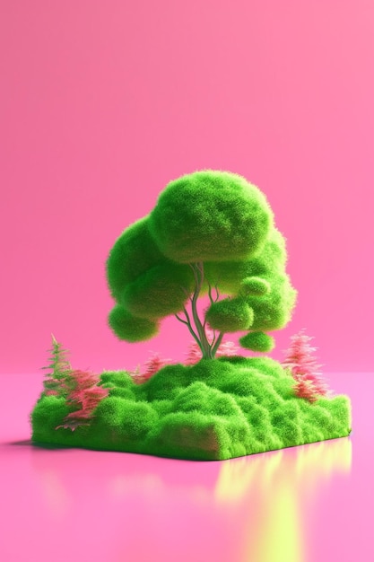 A close up of a tree on a small island with a pink background generative ai