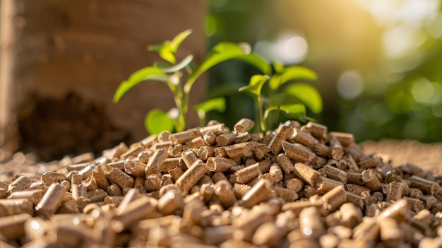 Photo close up of tree trunk with wood pellet signifying transformation from tree to pellet