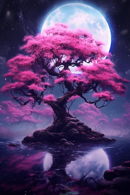 A close up of a tree with a full moon in the background generative ai