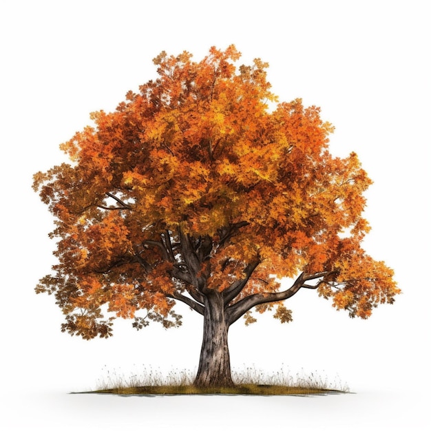 A close up of a tree with orange leaves on a white background generative ai