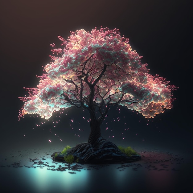 a close up of a tree with pink flowers on a small island generative ai