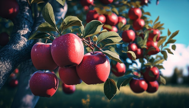 A close up of a tree with red apples on it