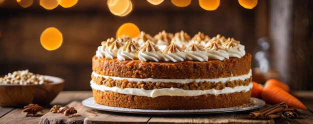 Close up of triple layered carrot cake with cream cheese frosting and sprinkled nuts and cinnamon