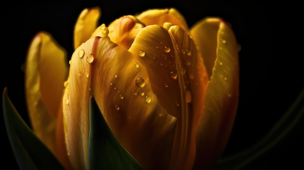 A close up of a tulip with water droplets on it