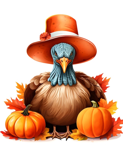 A close up of a turkey with hat and pumpkins on a white background