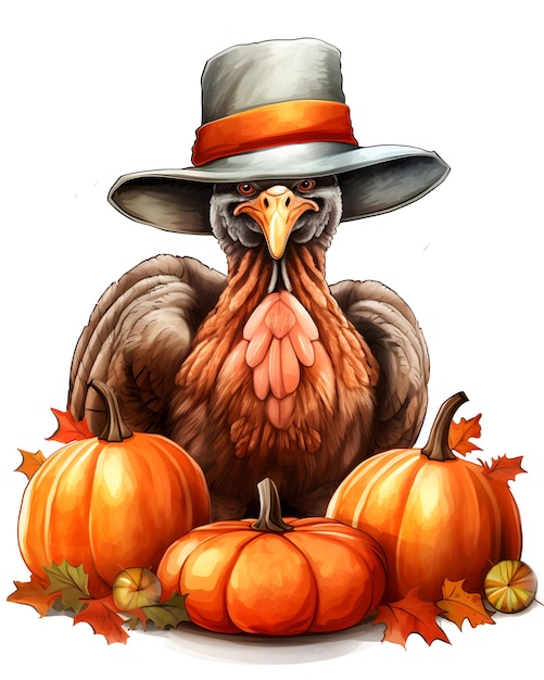 A close up of a turkey with hat and pumpkins on a white background