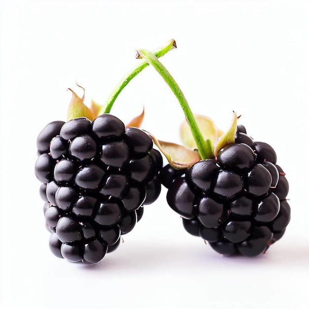 A close up of two blackberries with one being held by a stem.