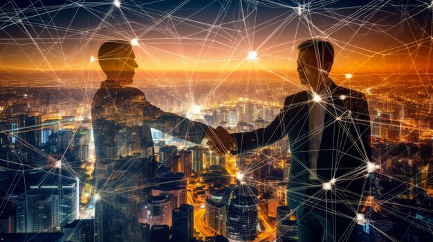 Close up of two businessmen shaking hands in blurry city with double exposure of financial diagrams