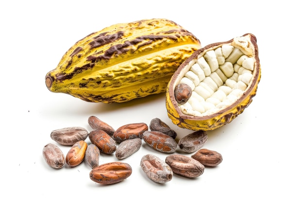 A close up of two chocolate pods with a pile of chocolate beans on top