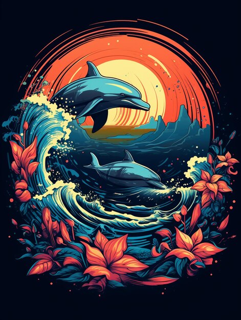 a close up of two dolphins in the ocean with flowers generative ai