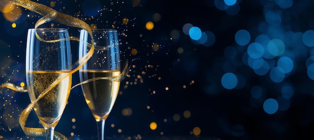 Close up of two glasses with bubbly champagne and gold ribbon on dark bokeh background