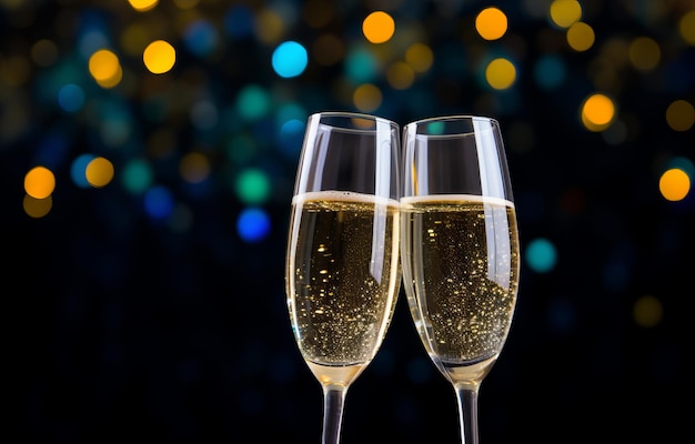 Close up of two glasses with bubbly champagne tilted to each other against a background of blurry