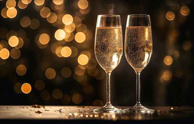 Close up of two glasses with bubbly champagne tilted to each other against a background of blurry