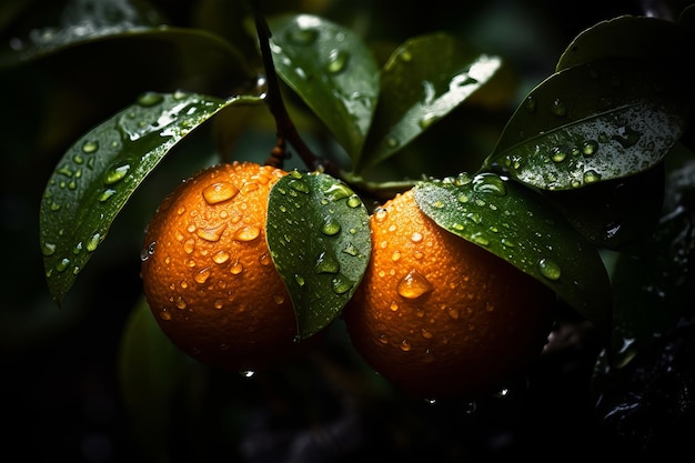 A close up of two oranges with raindrops on them