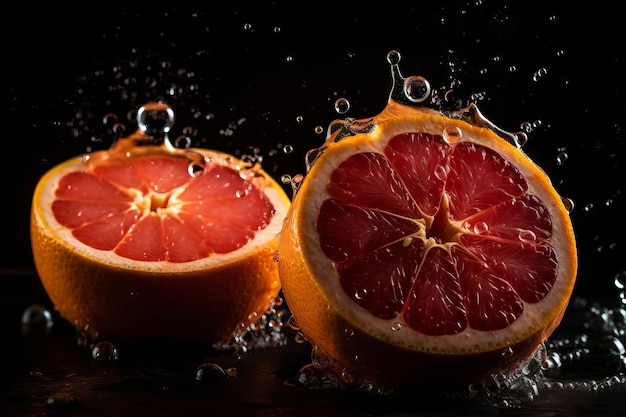 A close up of two oranges with water droplets on them