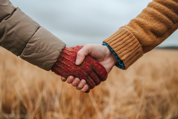 Close up of Two People Holding Hands in Knitted Gloves Outdoors Unity and Friendship Concept in a