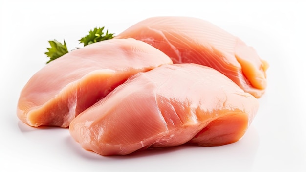 A close up of two raw chicken breast with a parsley leaf on the side