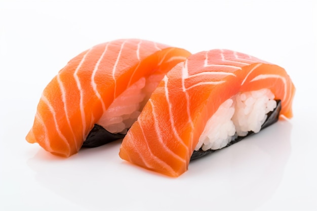 A close up of two salmon sushi on a white background