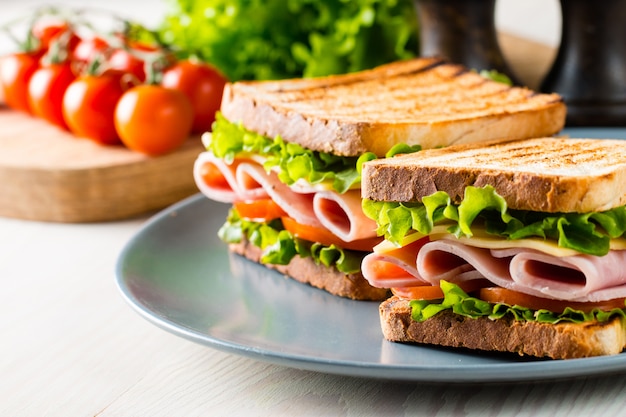 Close-up of two sandwiches with bacon, salami, prosciutto and fresh vegetables on rustic wooden cutting board. Club sandwich concept.