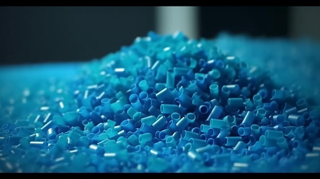 Close up of a two stacks of blue plastic polypropylene granules on a table