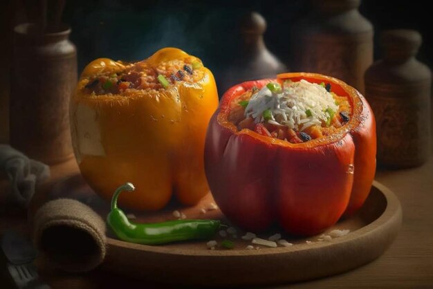 A close up of two stuffed peppers with a green vegetable on top.