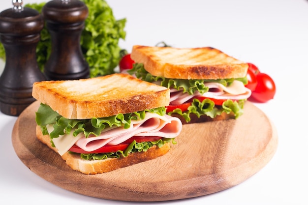 Close-up of two toasted sandwiches with fresh ham, cheese and vegetables on background.