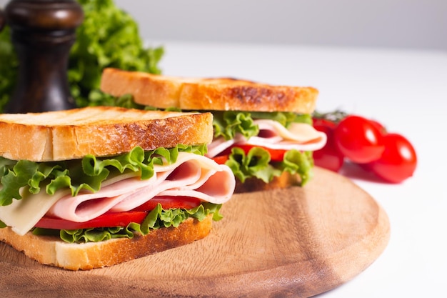 Close-up of two toasted sandwiches with fresh ham, cheese and vegetables on background.