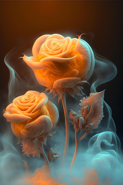 Close up of two yellow roses on a black background generative ai