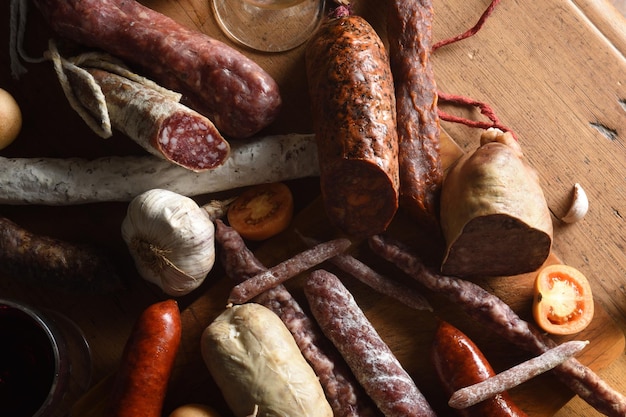 Close up of typical spanish sausages on wooden table