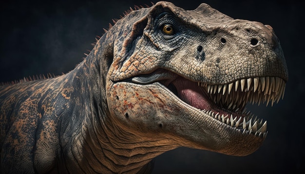 A close up of a tyrannosaurus rex head with a dark background.