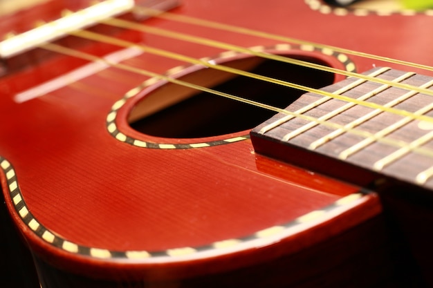 Close up ukulele with gold strings