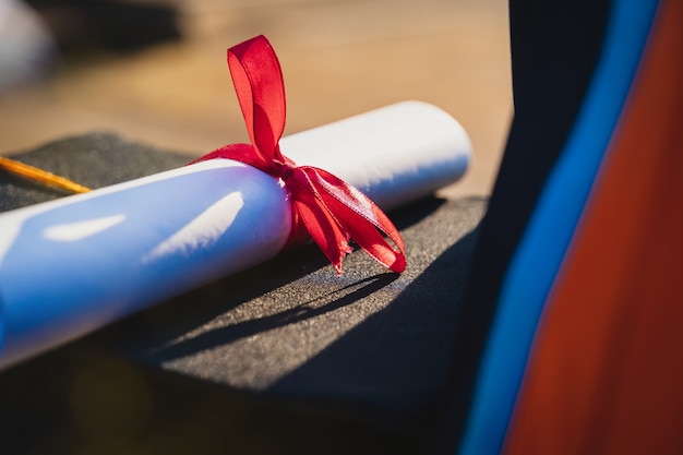 Photo close up of a university graduate holding degree certificate and mortarboard