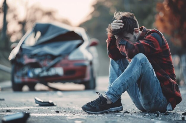 Photo a close up upset person sitting on the road against the background of her car which was wrecked in an accident