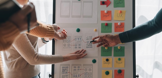 Close up ux developer and ui designer brainstorming about mobile app interface wireframe design on table with customer breif and color code at modern officeCreative digital development agency