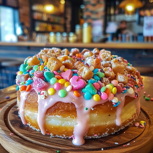 Close up of vanilla cake donuts with pink icing and sprinkles