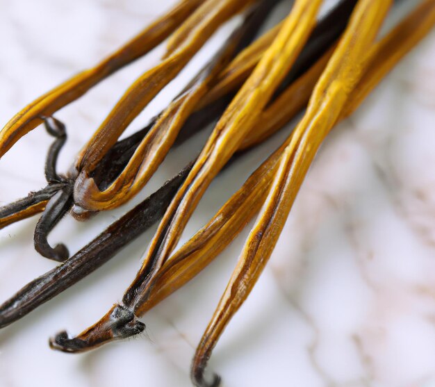 Close up of vanilla pods on white background created using generative ai technology