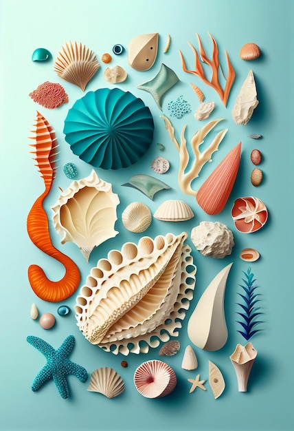 Close up of variety sea shells generative ai