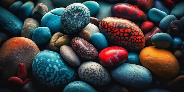 A close up of various colored pebbles