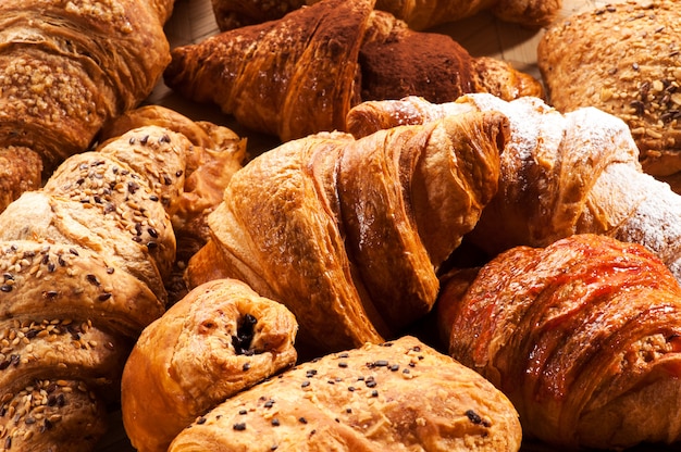 Close up of various croissant pastries