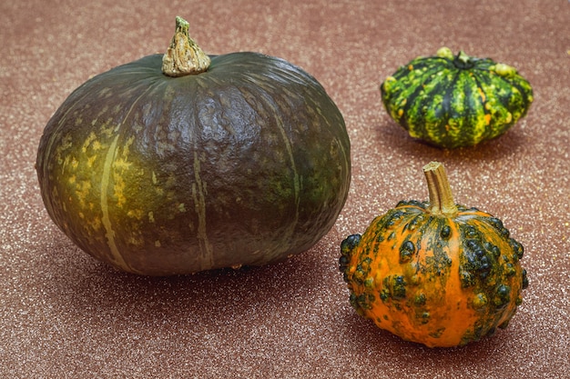 Close up various pumpkins on table