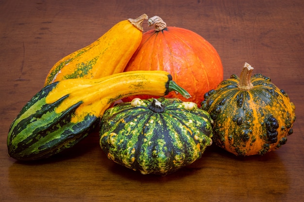 Close up various pumpkins on table