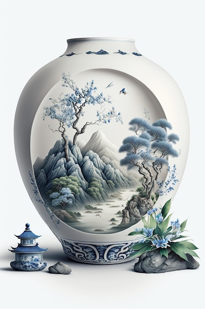 Close up of vase with painting mountain scene generative ai