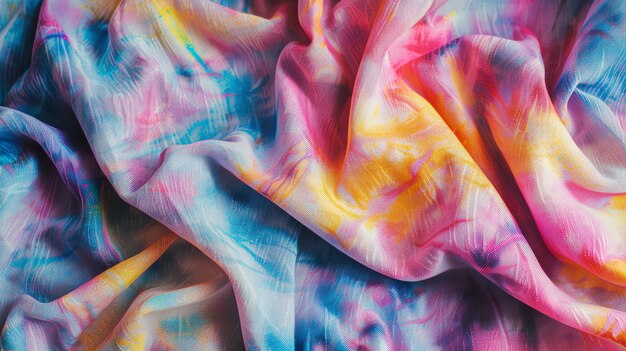 Photo close up of a vibrant colorful tiedye fabric with pink yellow and blue hues