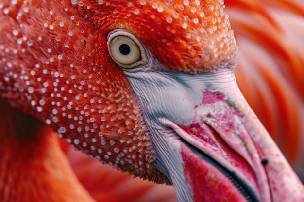 Close up of a vibrant flamingo showcasing intricate details and textures in its feathers