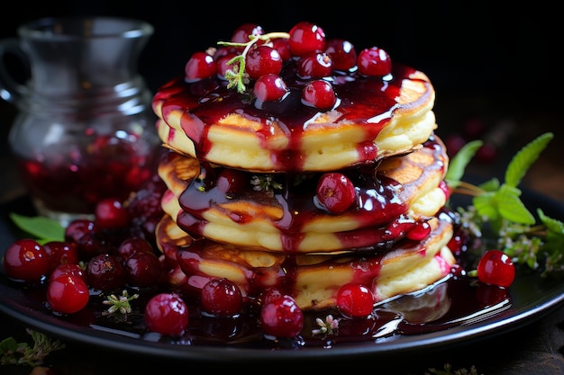 Close up of a vibrant raspberry jam pancake in a sleek and modern kitchen interior