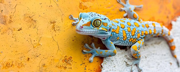 Photo close up of vibrant spotted tokay gecko clinging firmly onto wall surface in its tropical natural habitat colorful and textured reptile wildlife in exotic environment